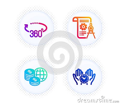 360 degrees, World money and Divider document icons set. Safe time sign. Vector Vector Illustration