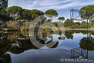 Cloudy sky, green trees, water streams and sports Stock Photo
