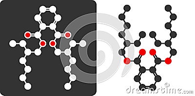 DEHP phthalate plasticizer molecule, flat icon style. Carbon and oxygen atoms shown as circles, hydrogen atoms omitted. Vector Illustration