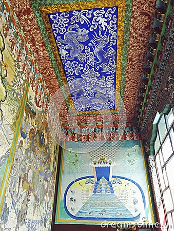 Dehradun, India: Colorful art decoration carved on roof showcasing interior of Sakya Monastery of buddha, Editorial Stock Photo