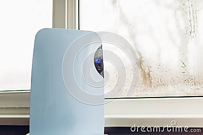 Dehumidifier with touch panel, humidity indicator, uv lamp, air ionizer, water container works by wet window in flat Stock Photo