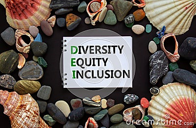 DEI, diversity, equity, inclusion symbol. Words DEI, diversity, equity, inclusion on a beautiful white note, black background. Sea Stock Photo
