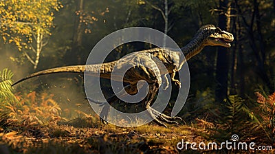 A Deinonychus emerges from the darkened forest its sleek and deadly frame ready to pounce on unsuspecting prey Stock Photo