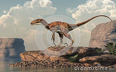 Deinonychus by a lake Stock Photo