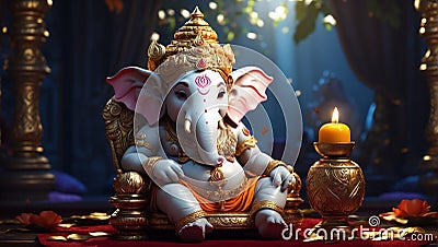 Hindu god Ganesha with elephant head seated on a royal throne representing wisdom and learning in Hindu mythology Stock Photo