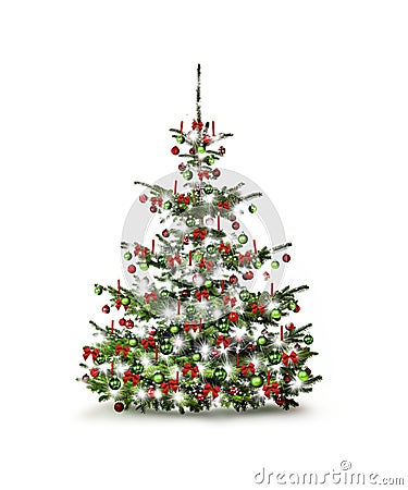 Dekorated Christmas Tree with baubles, candels and ribbon isolated Stock Photo