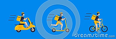 DelSet with elements online delivery, courier on motorbike, electric scooter and bike with bag delivery concept Vector Illustration