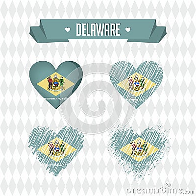 Delaware. Collection of four vector hearts with flag. Heart silhouette Vector Illustration