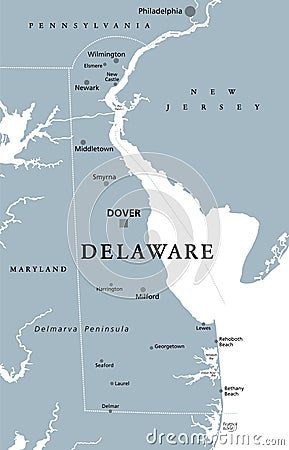 Delaware, DE, gray political map, The First State Vector Illustration