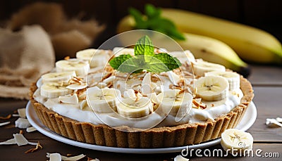 Delectable banana cream pie topped with fresh whipped cream on a charming rustic background Stock Photo