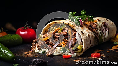 Beef shawarma, thinly sliced and marinated, served in warm pita with fresh veggies and creamy sauce Stock Photo