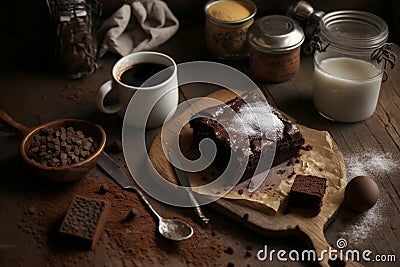 Delectable Chocolate Brownie Paired with Breakfast or Afternoon Coffee Essentials, Presented on a Wooden Table - Homemade Gourmet Stock Photo