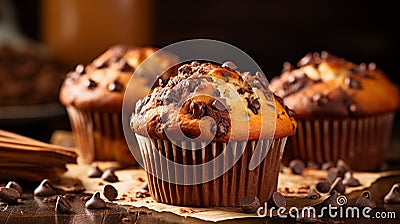 A delectable chocolate chip muffin, oozing with gooey chocolate and a soft, moist center Stock Photo