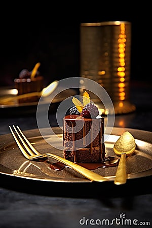 delectable chocolate dessert with a golden fork Stock Photo