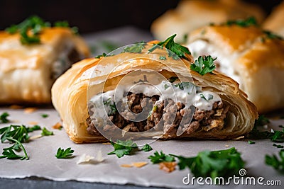 delectable close-up of bourekas bursting with spicy ground lamb, fresh parsley, and cilantro Stock Photo