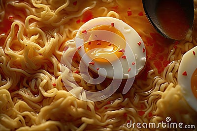 Delectable Close-Up Image of a Flavorful Ramen Bowl featuring a Halved Boiled Egg Stock Photo
