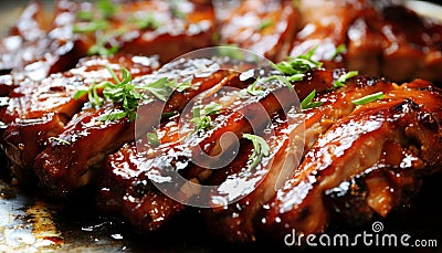 Delectable close up of mouthwatering roasted barbecue pork ribs with perfectly sliced meat Stock Photo