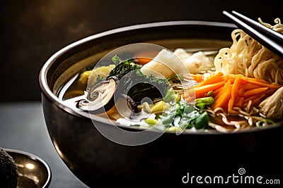 Delectable close-up shot of a steaming bowl of vegetarian ramen filled with mixed vegetables, seaweed, and a soy-based broth Stock Photo