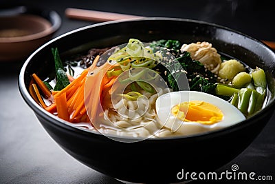 Delectable close-up shot of a steaming bowl of vegetarian ramen filled with mixed vegetables, seaweed, and a soy-based broth Stock Photo