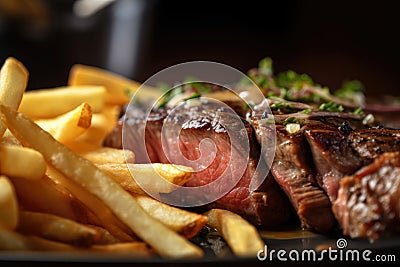 delectable close-up of steak frites, with a juicy and tender medium-rare steak on top of golden and crispy fries Stock Photo