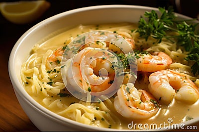 delectable close-up of a steaming bowl of shrimp scampi soup, brimming with juicy shrimp, tender pasta, and fragrant herbs Stock Photo