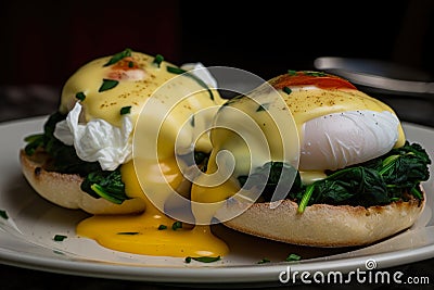 delectable close-up of vegetarian Eggs Benedict with sauteed spinach, tangy feta cheese, and perfectly poached eggs on a crispy Stock Photo