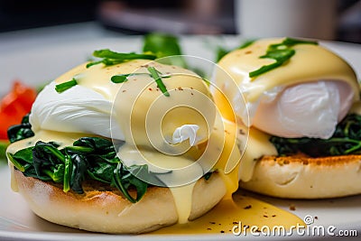 delectable close-up of vegetarian Eggs Benedict with sauteed spinach, tangy feta cheese, and perfectly poached eggs on a crispy Stock Photo
