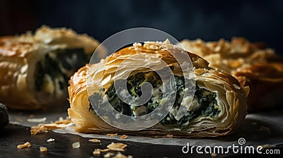 A flaky savory spinach and feta pastry with a crispy crust created with Generative AI Stock Photo