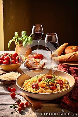 Delectable dinner spread with pasta, wine, and savory delights Stock Photo