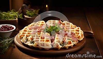 Delectable ham and cheese filled waffles, artfully presented and ready to be savored with delight Stock Photo