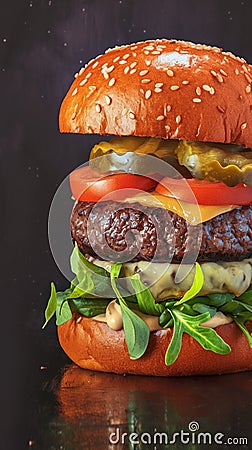 Delectable handmade burger showcased on captivating dark background banner Stock Photo