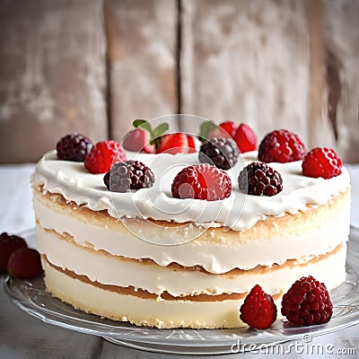 Creamy Delight: Cake Adorned with Berries Stock Photo