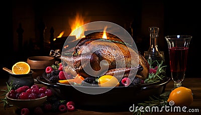 Delectable and juicy roast goose sizzling in a pan, perfect for a mouthwatering feast Stock Photo