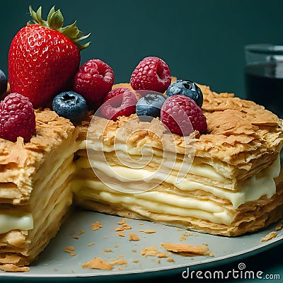 Delectable Layered Napoleon Pastry Topped With Fresh Berries on White Plate Stock Photo