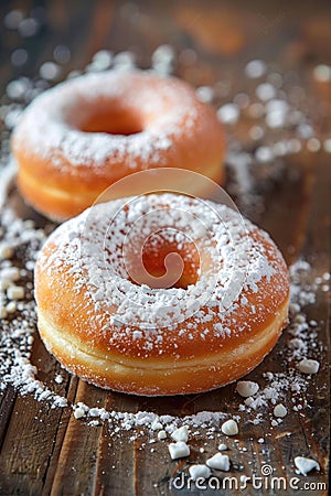 Delectable Sugared Donuts on Wooden Board with Sprinkles Stock Photo