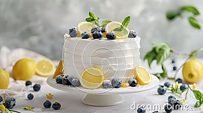 a delectable white cake adorned with slices of lemon, blueberries, and mint leaves, set against a pristine backdrop with Stock Photo