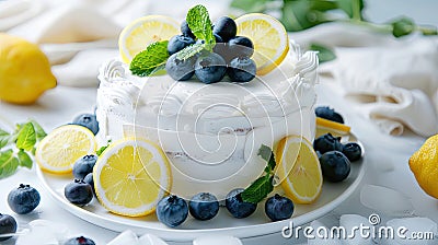 a delectable white cake adorned with slices of lemon, blueberries, and mint leaves, set against a pristine backdrop with Stock Photo