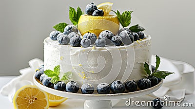 a delectable white cake adorned with slices of lemon, blueberries, and mint leaves, set against a pristine backdrop with Stock Photo