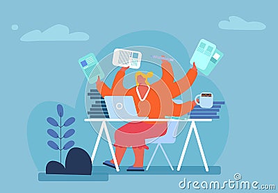 Delegation of Charges and Multitasking. Busy Woman with Many Hands Sitting at Workplace with Laptop Holding Stationery Vector Illustration