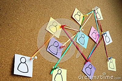 Delegation in company. Organizational structure from pins and strings on board. Stock Photo