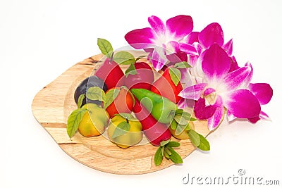 Deletable imitation fruits Thai Dessert with orchid Stock Photo