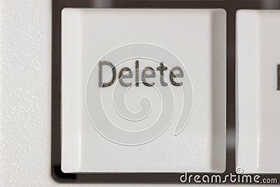 Delete button key of a PC computer keyboard. White keyboard. Close up shot. Stock Photo