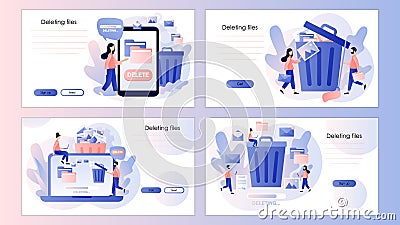 Delete concept. Tiny people deleting data and move unnecessary files to the trash bin. Screen template for mobile smart Vector Illustration