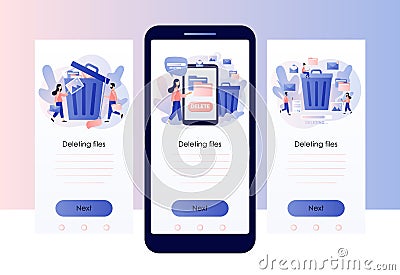 Delete concept. Tiny people deleting data and move unnecessary files to the trash bin. Screen template for mobile smart Vector Illustration