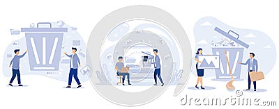 Delete concept. Tiny people deleting data and move unnecessary files to the trash bin, Vector Illustration