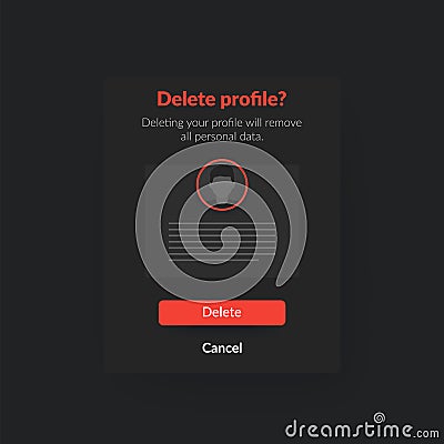 Delete profile, account form, dark ui design Vector Illustration