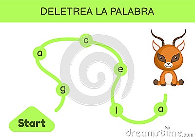 Deletrea la palabra - Spell the word. Maze for kids. Spelling word game template. Learn to read word gazelle. Activity page for Vector Illustration