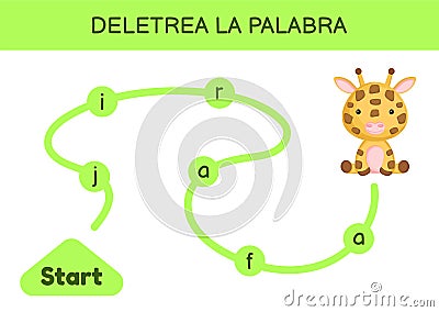 Deletrea la palabra - Spell the word. Maze for kids. Spelling word game template. Learn to read word giraffe. Activity page for Vector Illustration