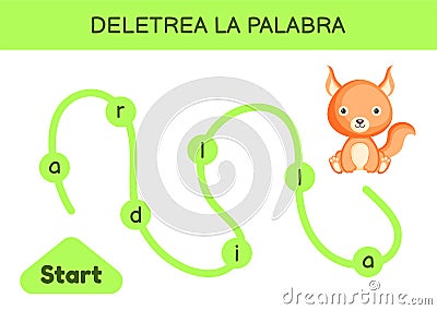 Deletrea la palabra - Spell the word. Maze for kids. Spelling word game template. Learn to read word squirrel. Activity page for Vector Illustration