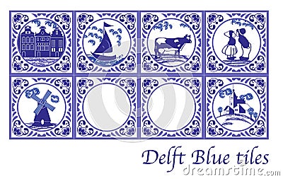 Delft Blue Dutch tiles with folk pictures Vector Illustration